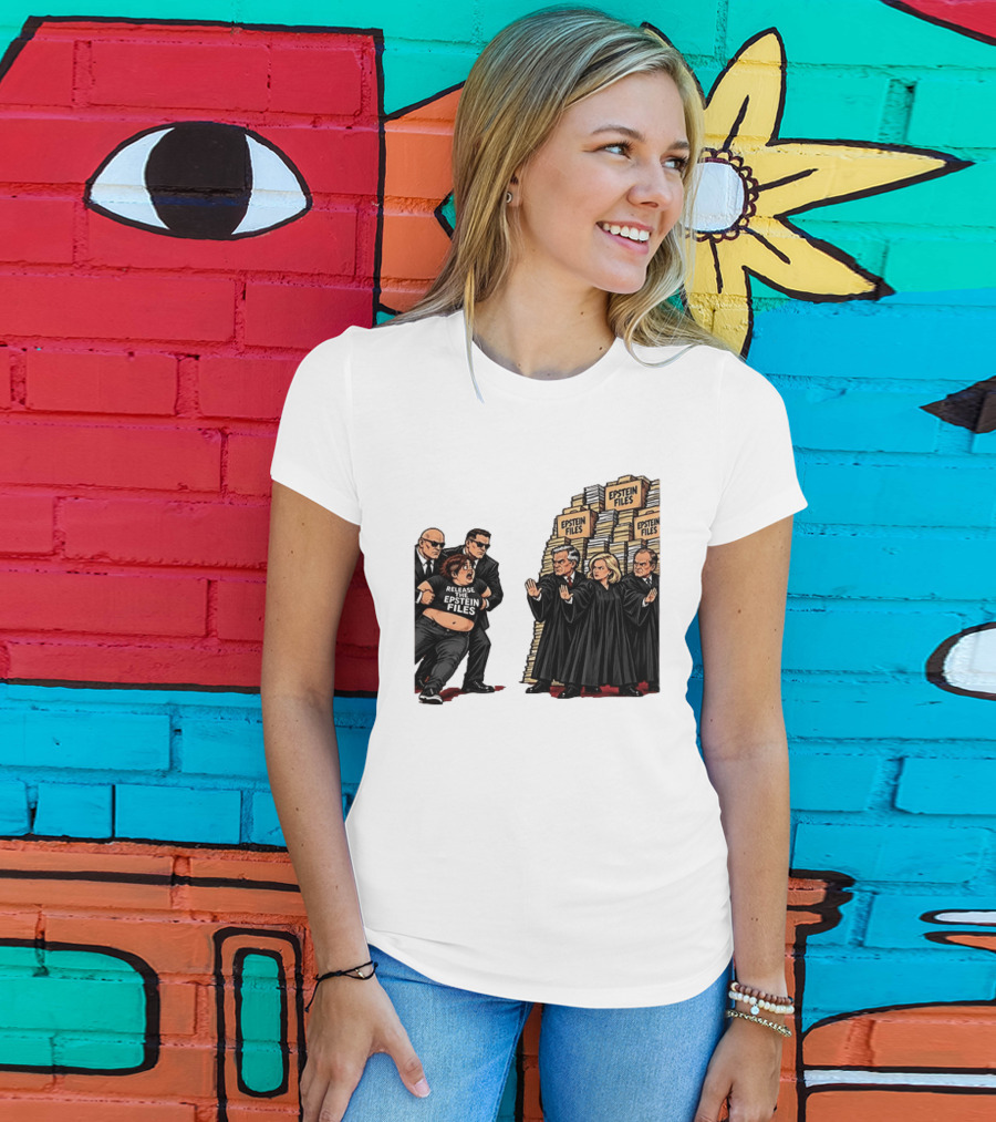 Release The Epstein Files Political Cartoon With Epstein Files Stacks And Judges T-Shirt