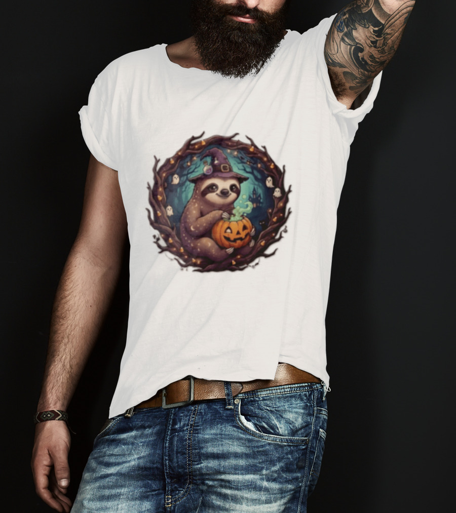 Halloween Sloth Witch Hat Pumpkin Cauldron Spooky Ghosts Forest Scene T-Shirt