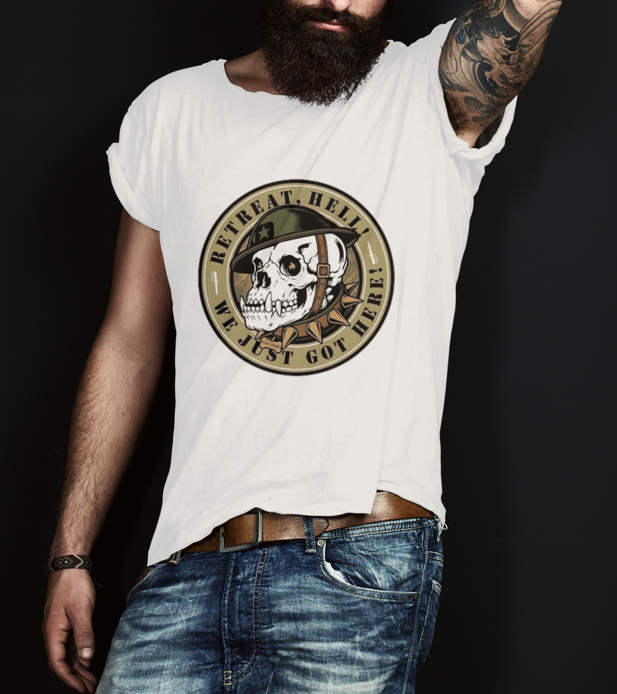 Retreat Hell We Just Got Here Teufelshunde Skull Military Helmet And Spikes T-Shirt