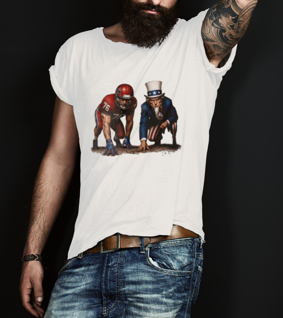 Uncle Sam And American Football Player Number 76 Crouching On Field T-Shirt
