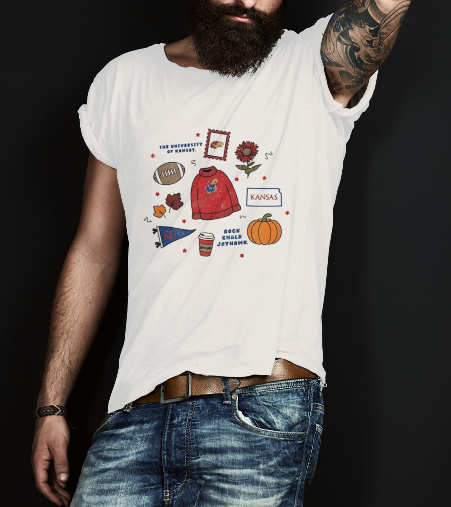 University Of Kansas Rock Chalk Jayhawk Football Fall Leaves Pumpkin KU Flag T-Shirt