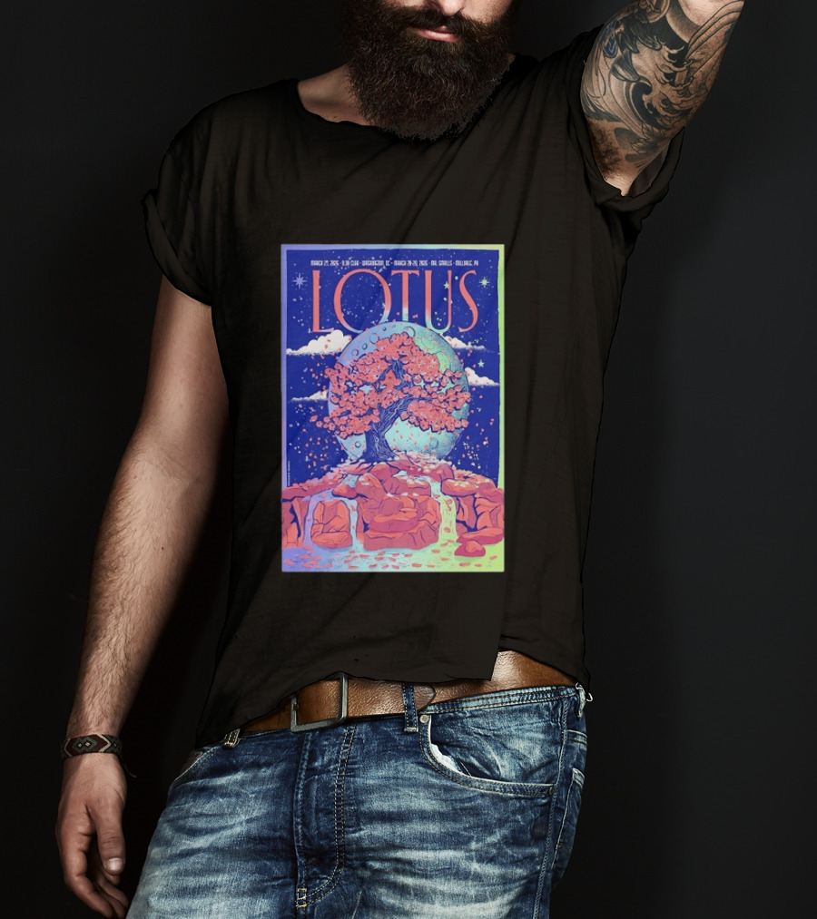 Lotus 2026 Tour By Benjamin Rumble March Tour Dates Illustration Cherry Blossom Moon T-Shirt