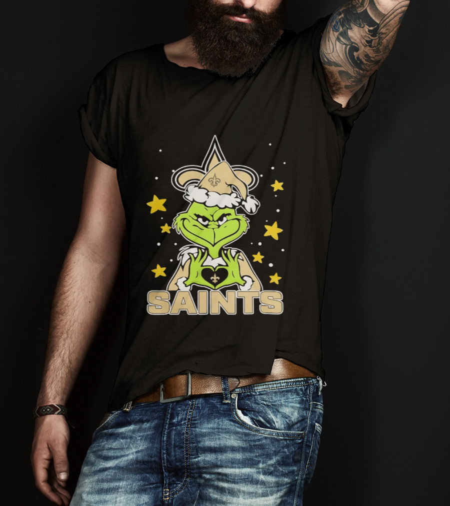 New Orleans Saints Grinch Heart Hands Christmas Holiday 2026 T-Shirt