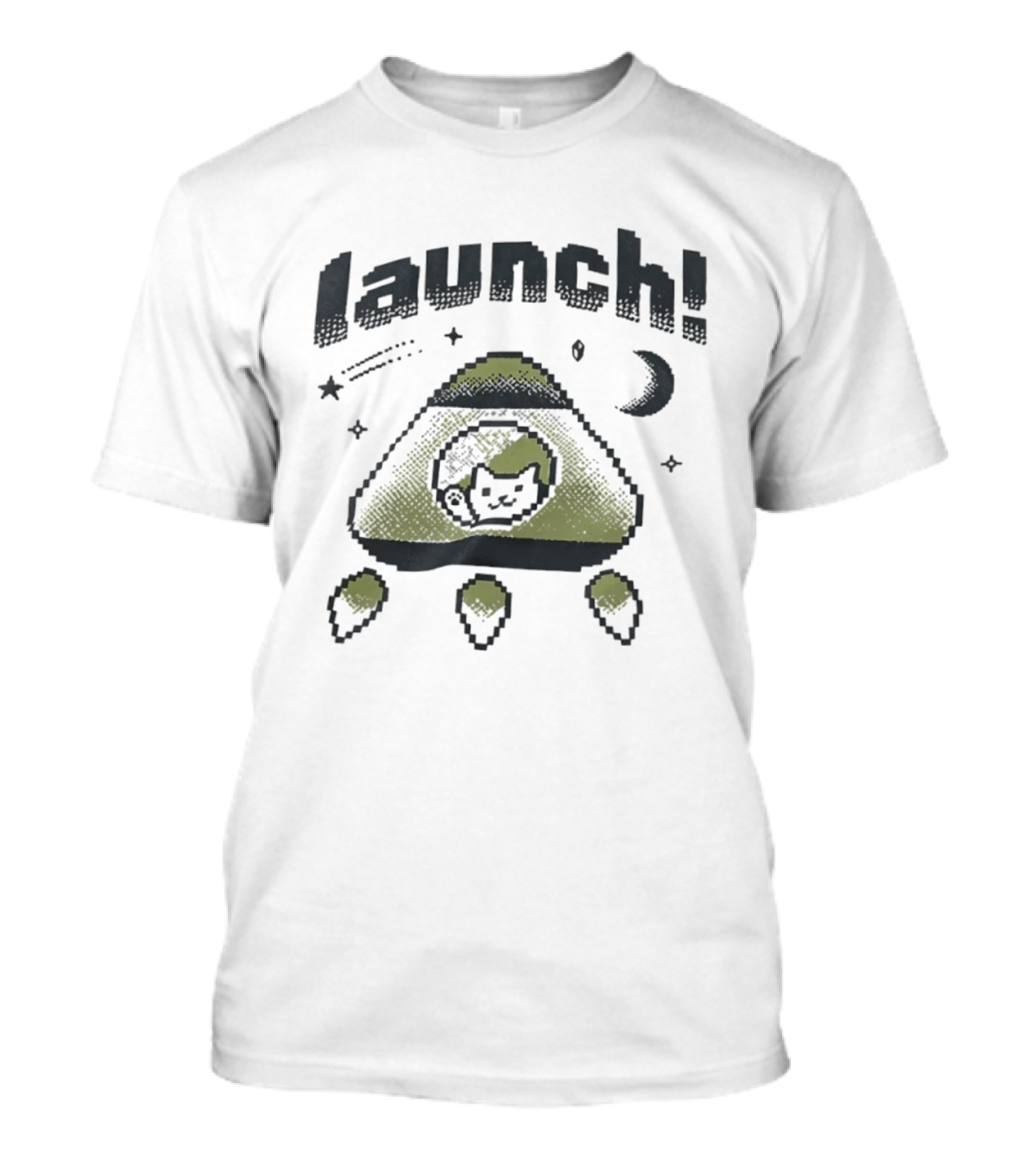 Launch MagicPod Cat Spaceship Pixel Art Collaboration Vibe Coders T-Shirt
