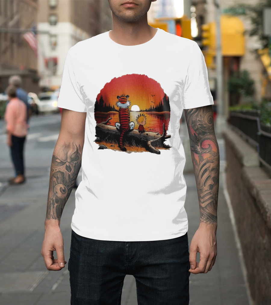 Calvin And Hobbes Log Sunset Lake Scene T-Shirt