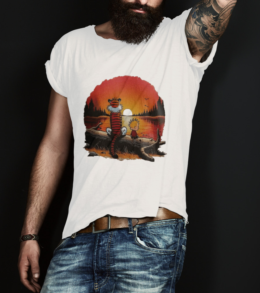 Calvin And Hobbes Log Sunset Lake Scene T-Shirt