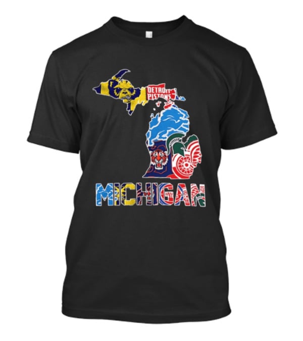 Detroit Pistons Lions Tigers Red Wings Michigan State Spartans Michigan Map T-Shirt