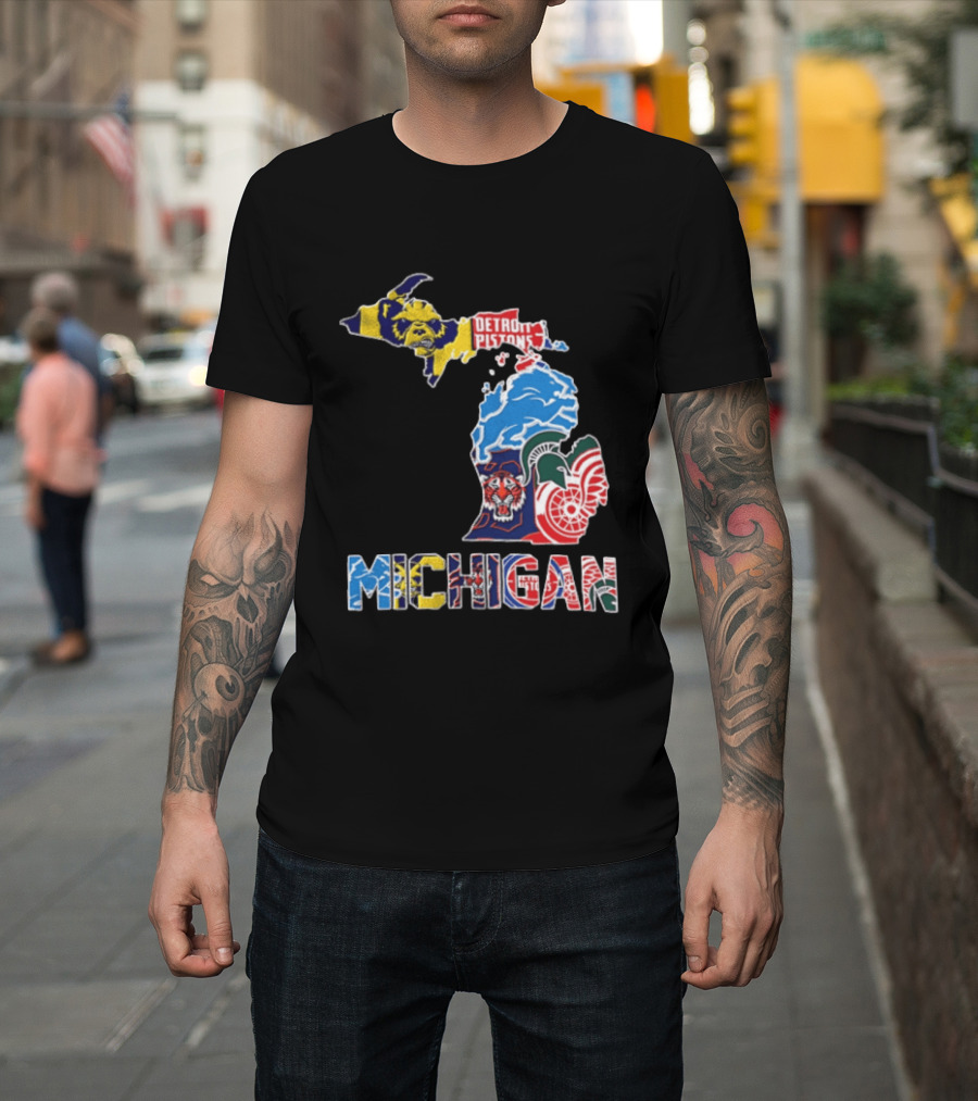Detroit Pistons Lions Tigers Red Wings Michigan State Spartans Michigan Map T-Shirt