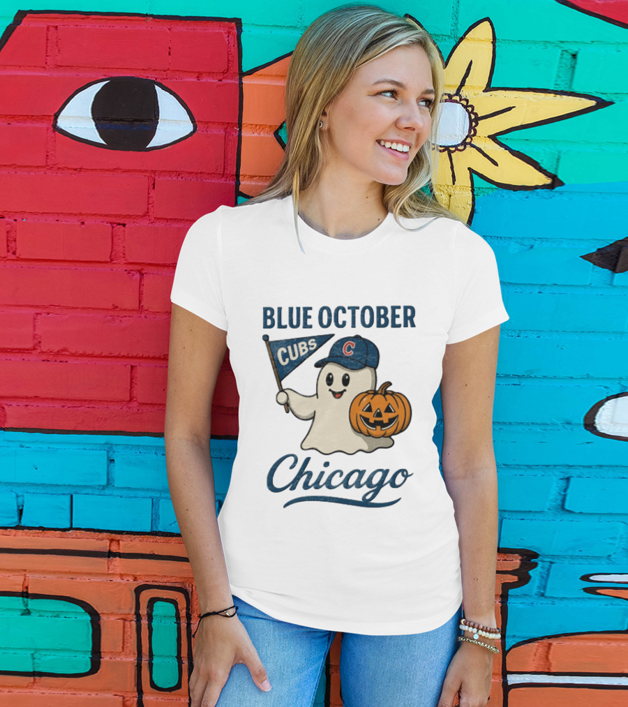 Chicago Cubs Blue October Halloween Ghost Pumpkin Baseball T-Shirt
