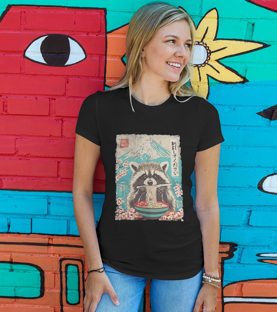 Raccoon Eating Ramen With Mount Fuji Japanese Cherry Blossoms T-Shirt