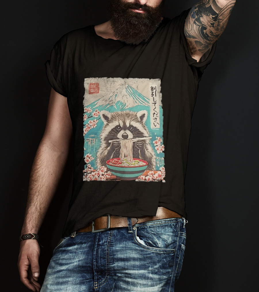 Raccoon Eating Ramen With Mount Fuji Japanese Cherry Blossoms T-Shirt