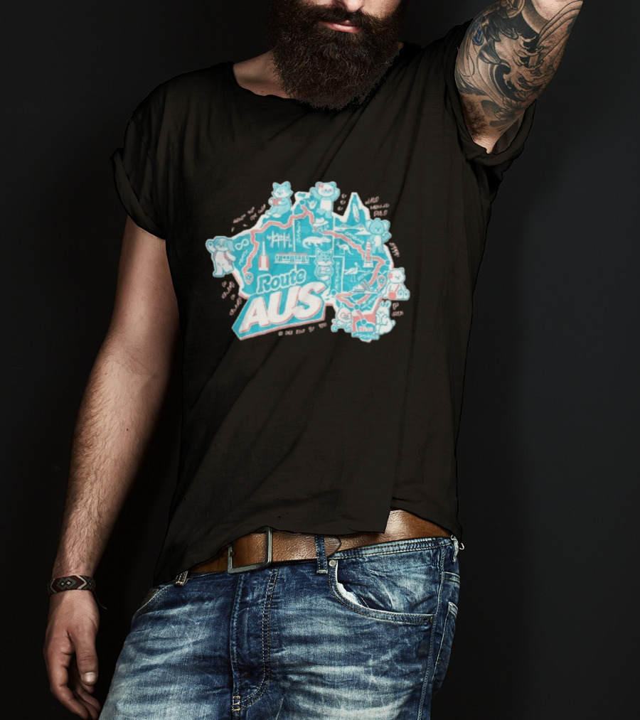 Route Aus Australia Map Animals Travel Icons Brisbane Sydney Melbourne Canberra T-Shirt