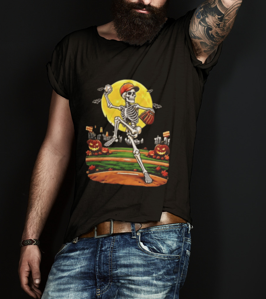 Skeleton Baseball Pitcher Halloween Full Moon Pumpkin Graveyard Scene T-Shirt