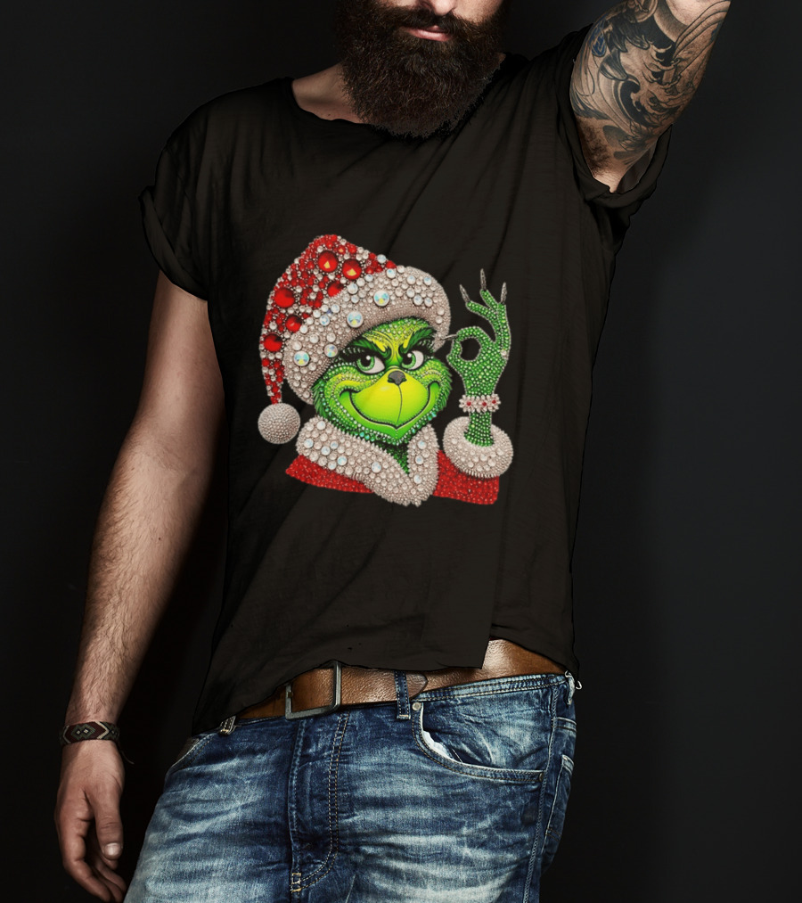 The Grinch Rhinestone Christmas Santa Hat Green Face With Jewels T-Shirt
