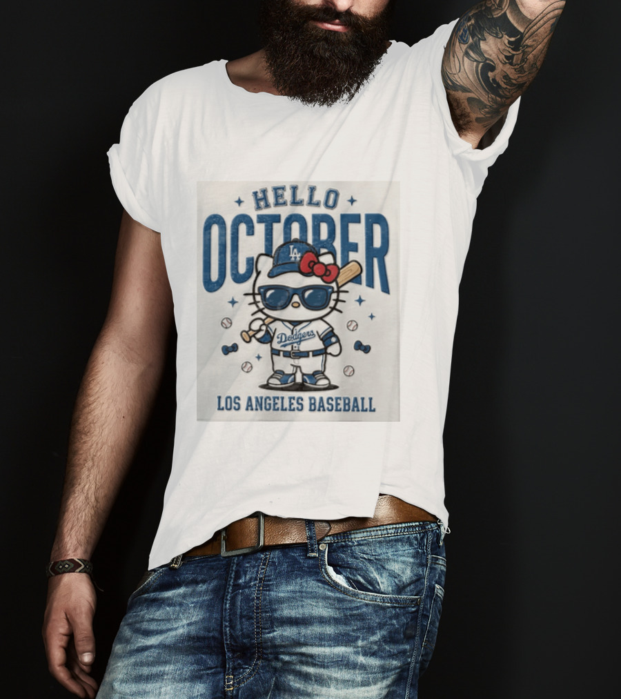 Hello October Los Angeles Dodgers Baseball Kitty Fans Holiday Celebration T-Shirt