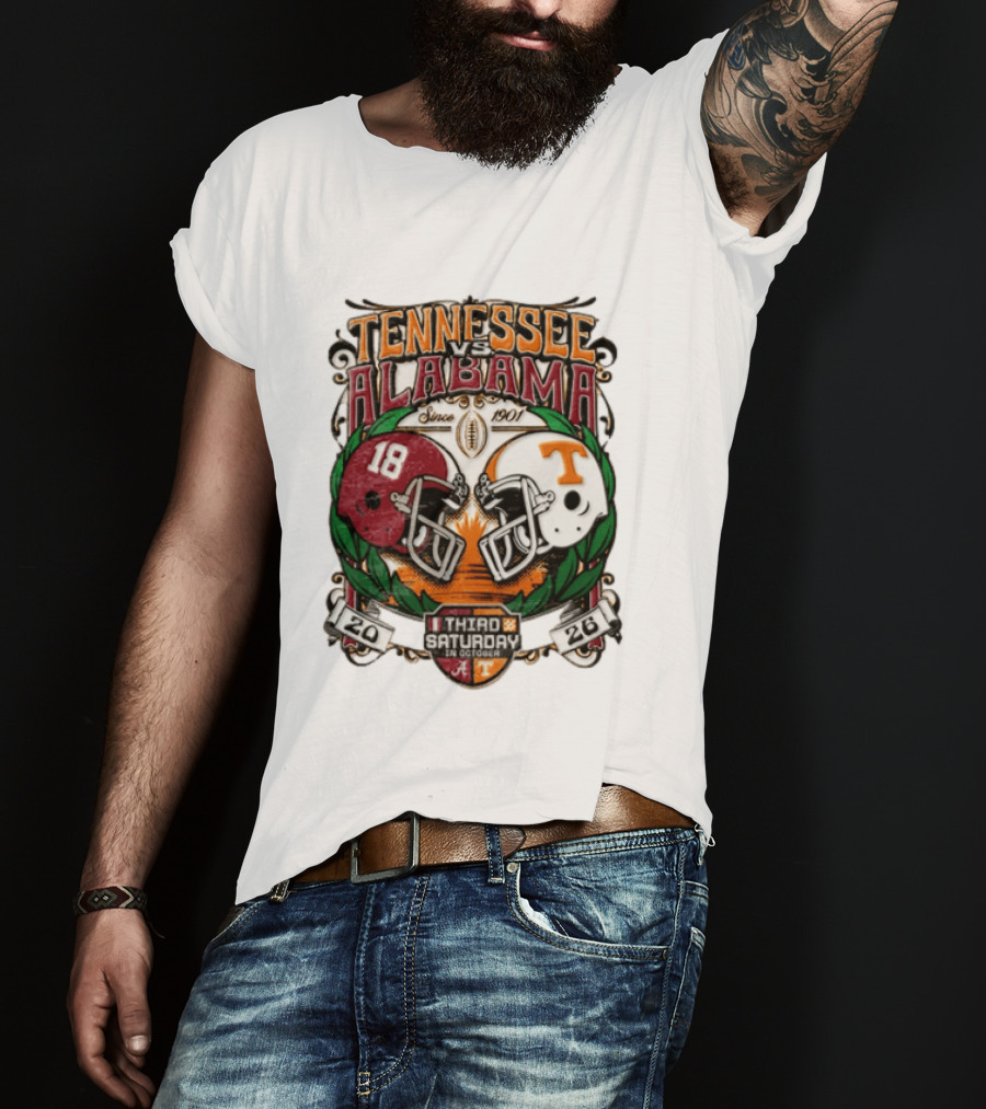 Tennessee Vs Alabama Football Rivalry Third Saturday October 2026 Helmets Since 1901 T-Shirt