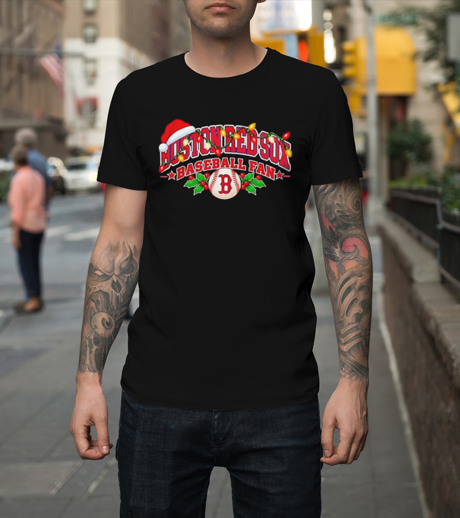 Boston Red Sox Baseball Fan Christmas Lights Santa Hat T-Shirt