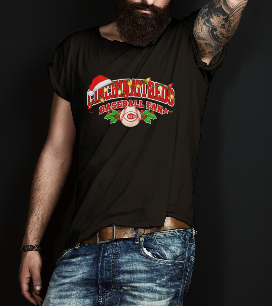 Cincinnati Reds Baseball Fan Christmas Lights Santa Hat T-Shirt