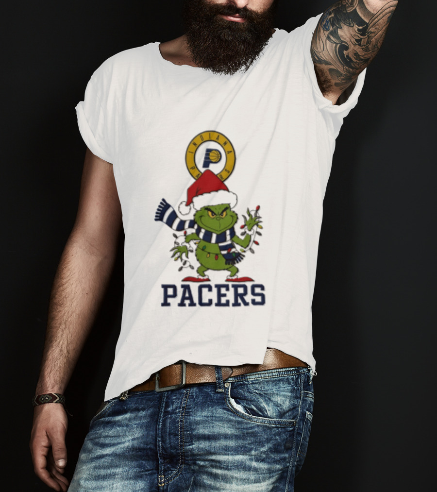 Pacers Christmas Grinch With Santa Hat And Lights T-Shirt