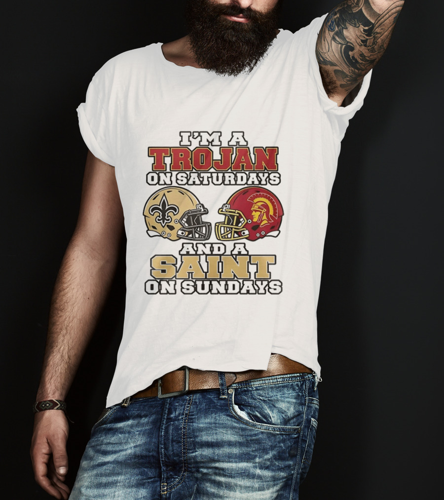 USC Trojans Saturdays New Orleans Saints Sundays Football Helmets T-Shirt