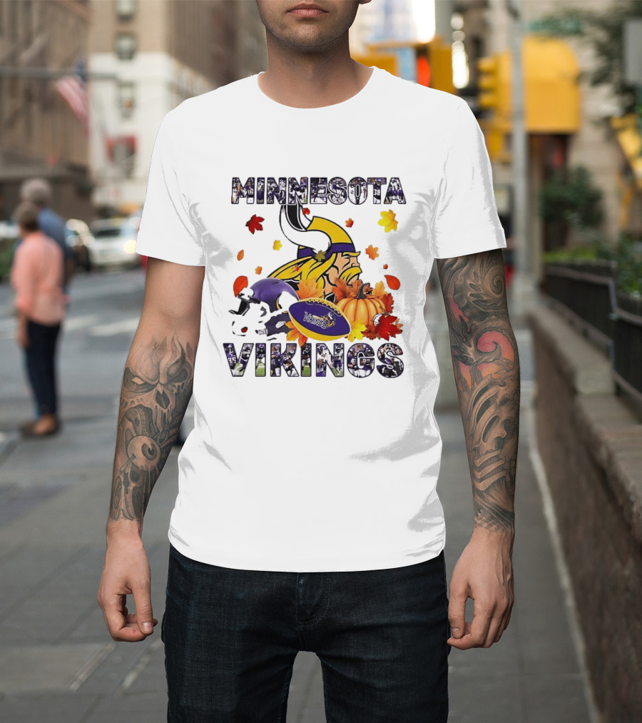 Minnesota Vikings Autumn Football Halloween Leaves Pumpkin T-Shirt