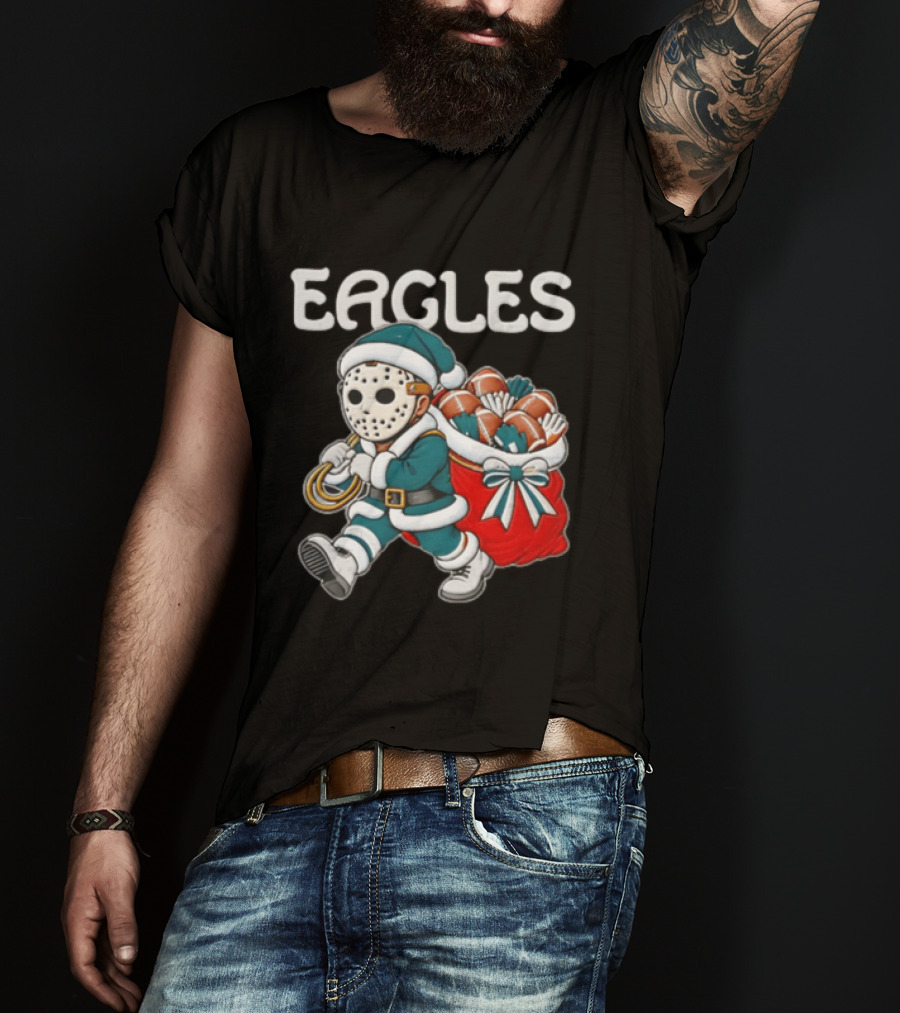 Eagles Christmas Santa With Horror Mask And Football Sack T-Shirt