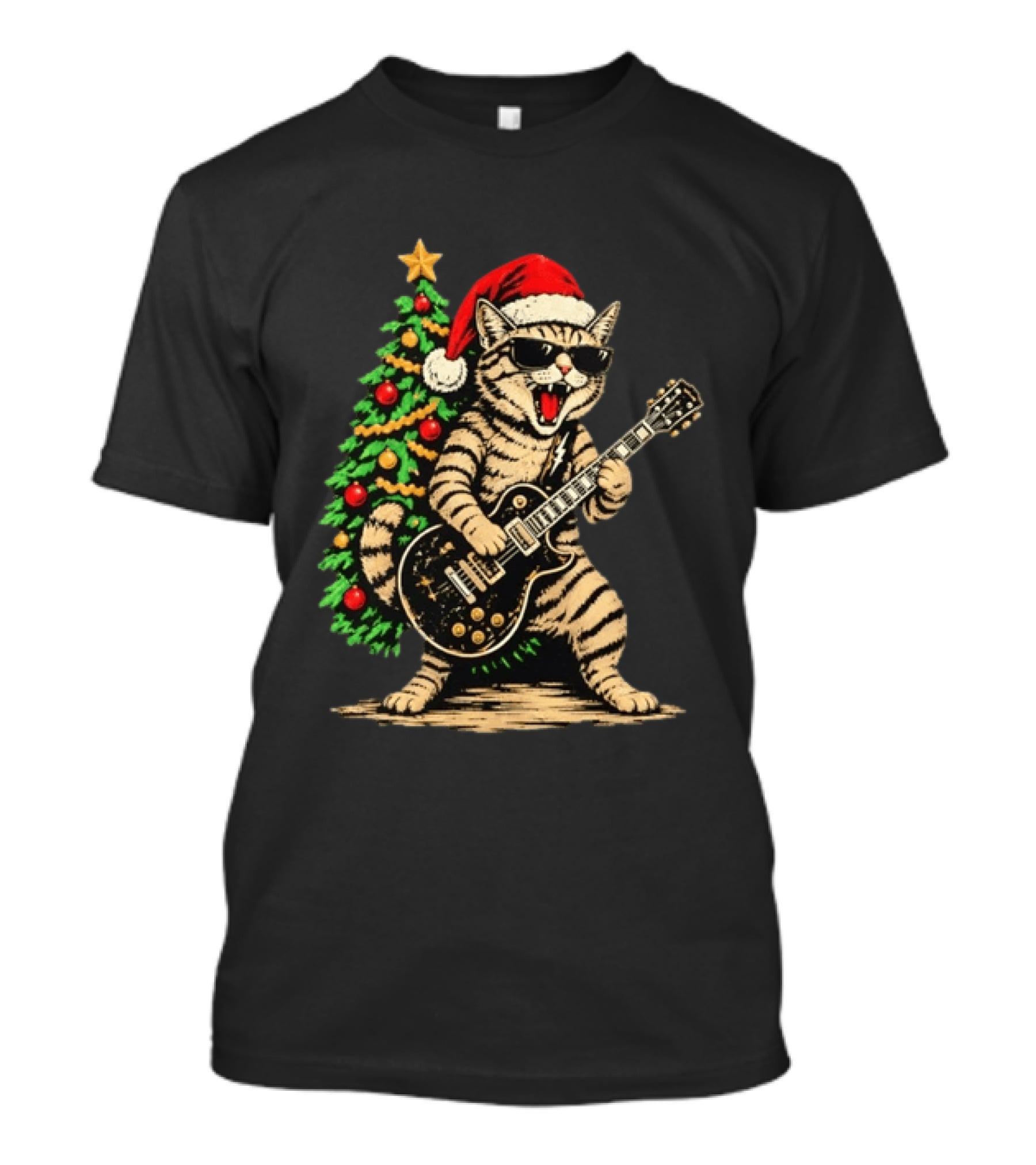 Rocking Cat Wearing Sunglasses Playing Guitar By Christmas Tree Santa Hat T-Shirt
