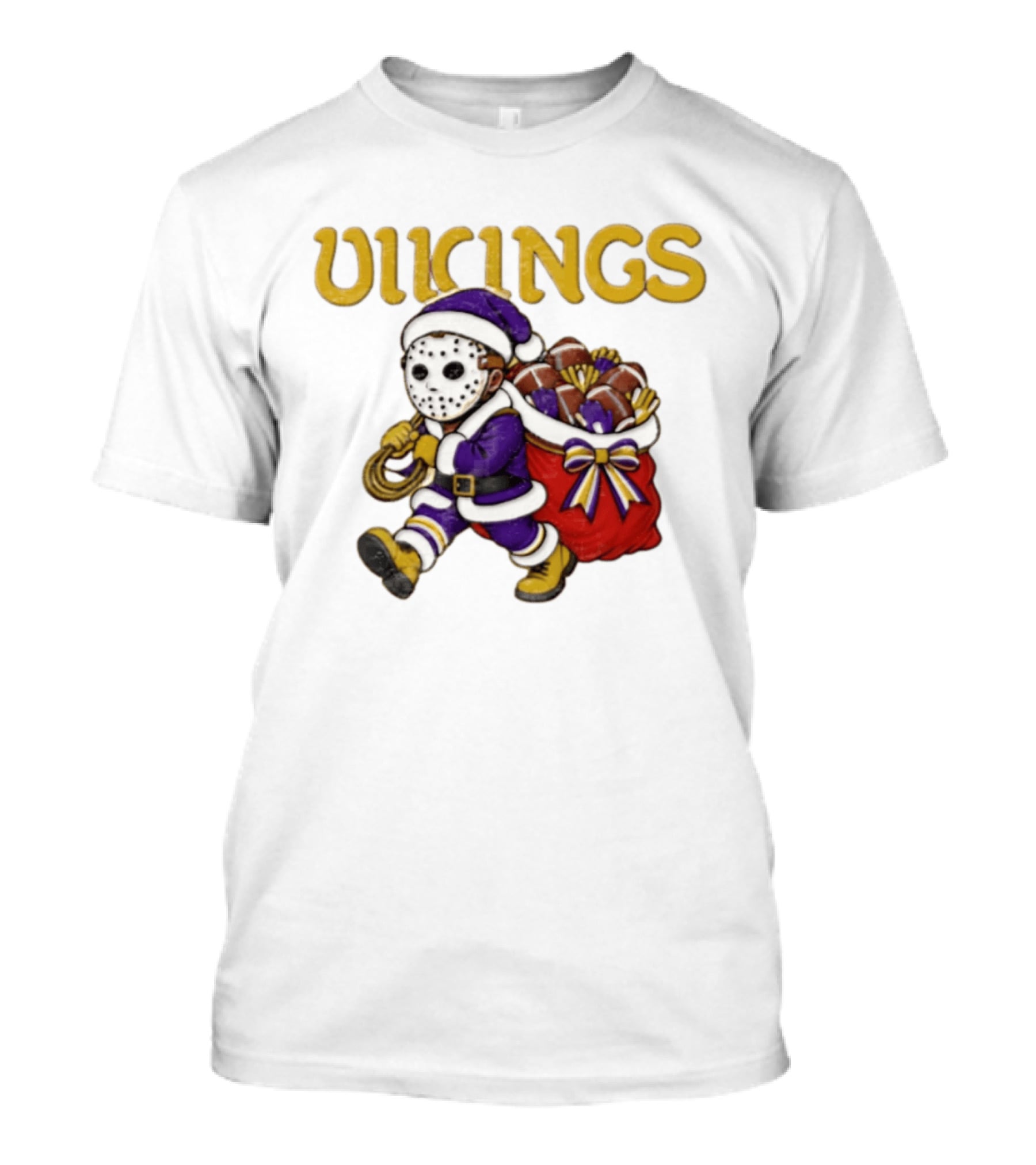 Minnesota Vikings Football Christmas Purple And Gold Santa Carrying Footballs T-Shirt