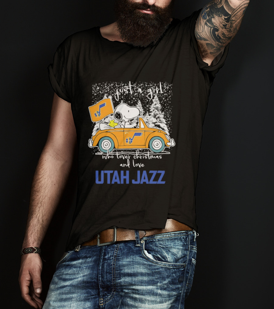 Utah Jazz Fan With Snoopy In Festive Car Celebrating Christmas T-Shirt