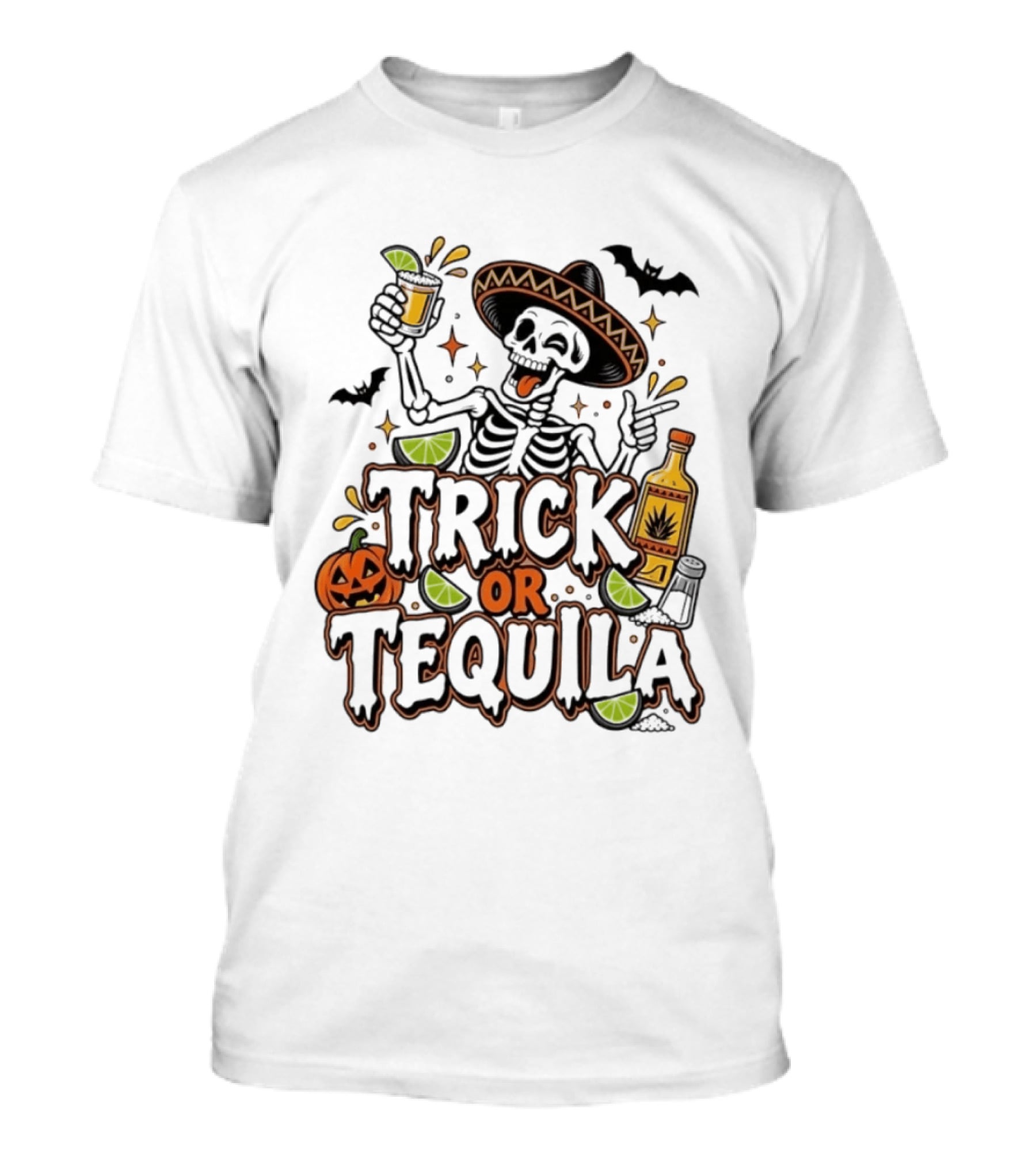 Trick Or Tequila Skeleton Sombrero Halloween Party Pumpkin Bats Lime T-Shirt