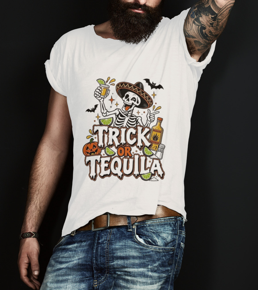 Trick Or Tequila Skeleton Sombrero Halloween Party Pumpkin Bats Lime T-Shirt