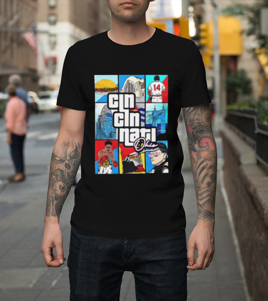 Cincinnati Ohio Landmarks GTA Style Tyler Henderson Alabama NCAA 14 T-Shirt