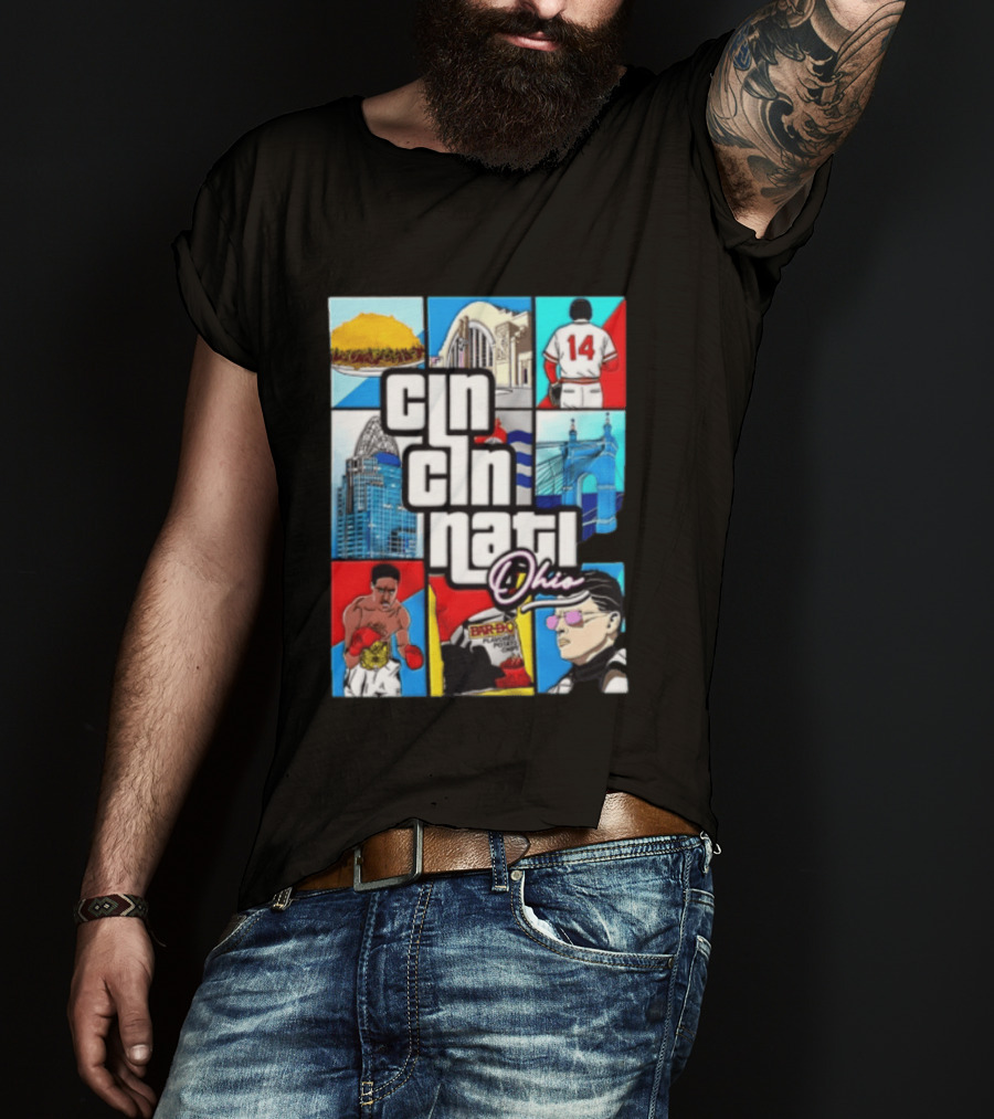 Cincinnati Ohio Landmarks GTA Style Tyler Henderson Alabama NCAA 14 T-Shirt