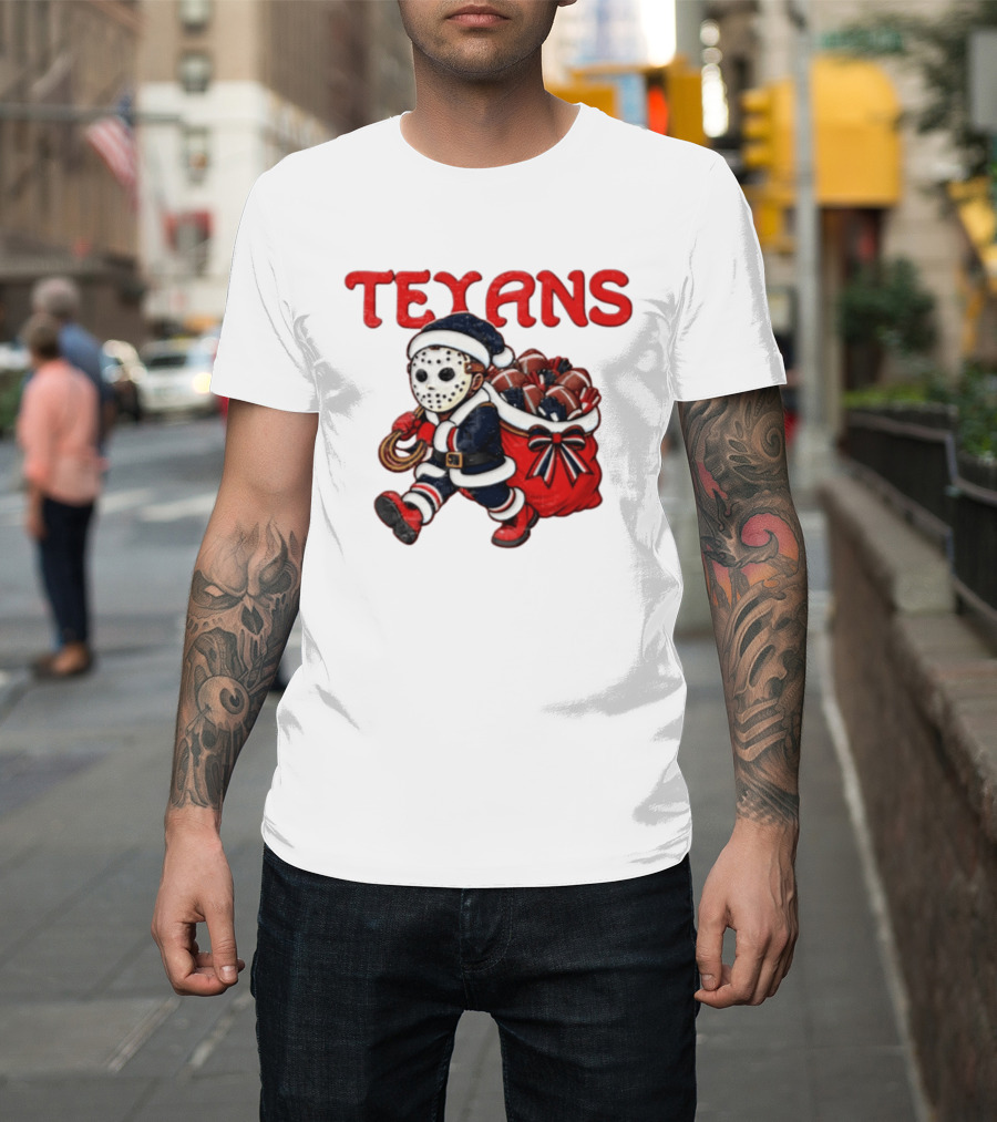 Houston Football Christmas Red And Navy Masked Santa T-Shirt