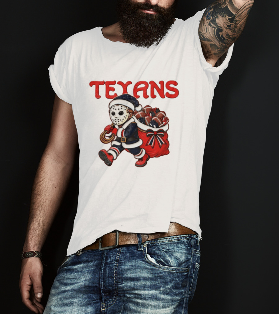 Houston Football Christmas Red And Navy Masked Santa T-Shirt