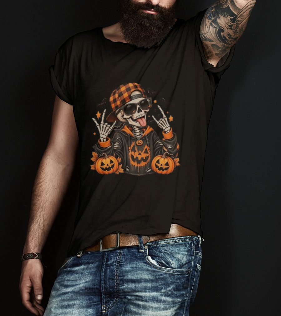 Skeleton Halloween Rocker With Plaid Hat And Pumpkins T-Shirt