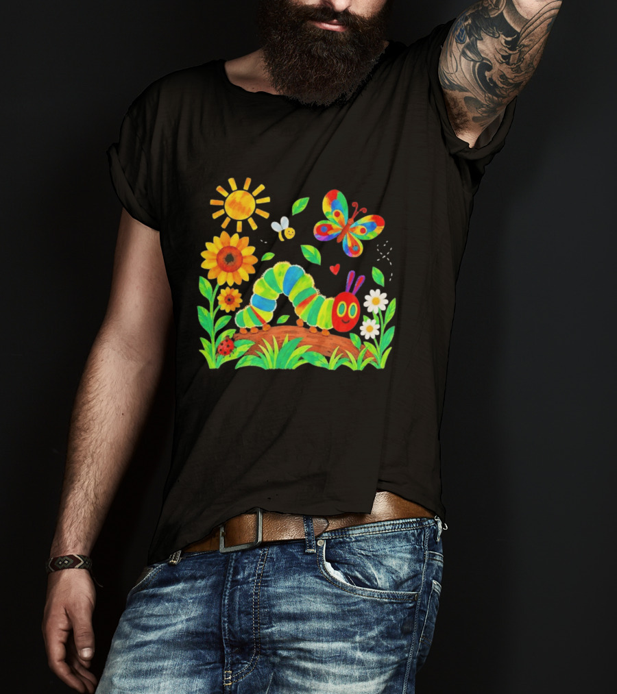 The Very Hungry Caterpillar Colorful Garden With Butterfly And Sunflowers T-Shirt