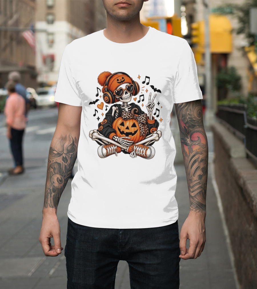 Skeleton In Pumpkin Beanie With Headphones Heart Sunglasses And Peace Sign T-Shirt