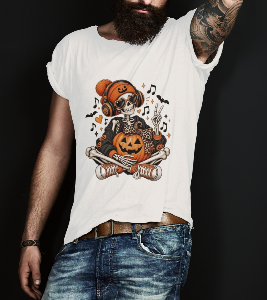 Skeleton In Pumpkin Beanie With Headphones Heart Sunglasses And Peace Sign T-Shirt