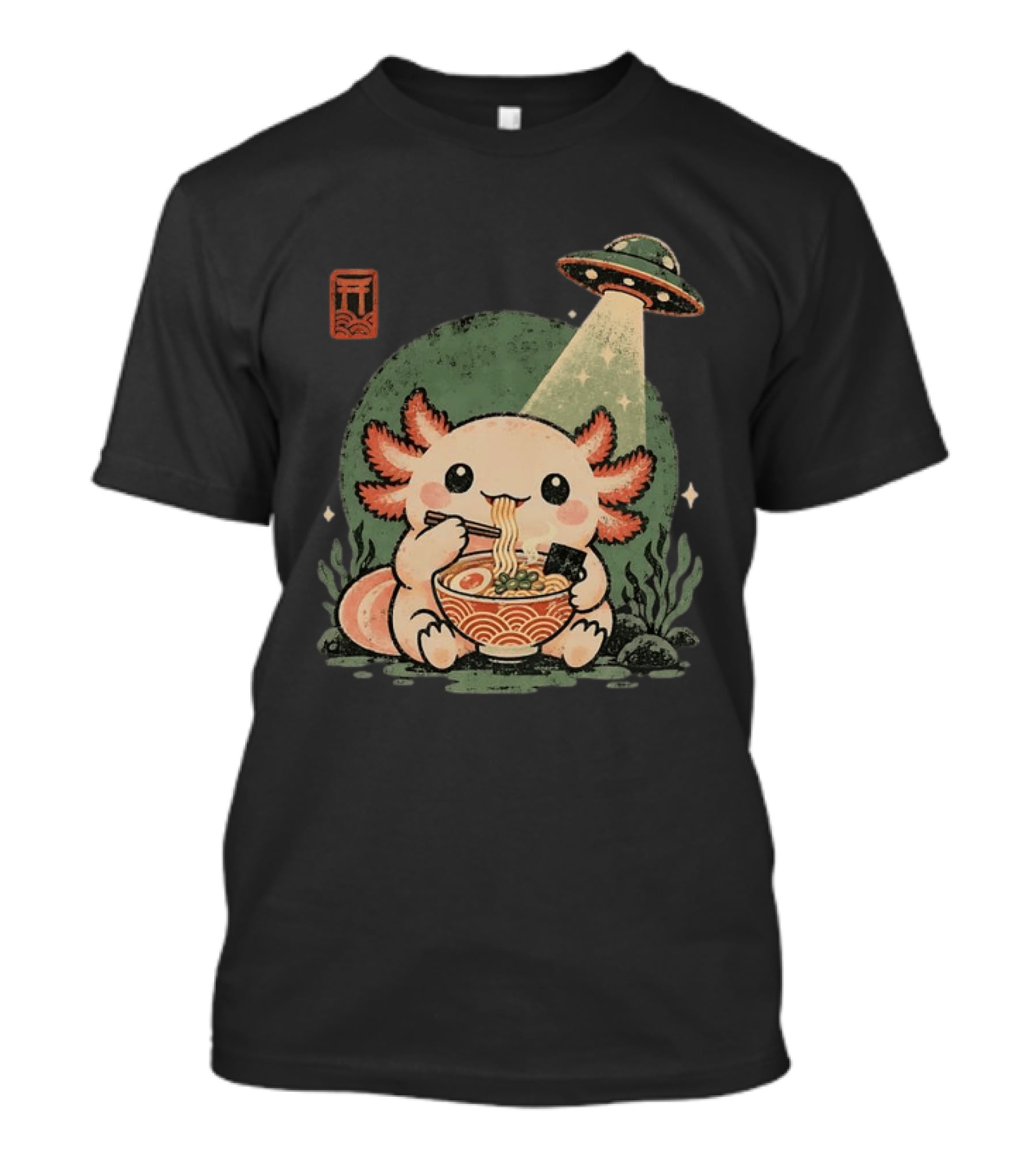 Axolotl Enjoying Ramen Under UFO Light With Japanese Distressed T-Shirt