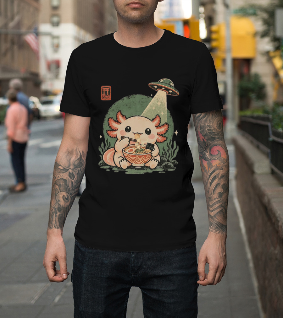 Axolotl Enjoying Ramen Under UFO Light With Japanese Distressed T-Shirt