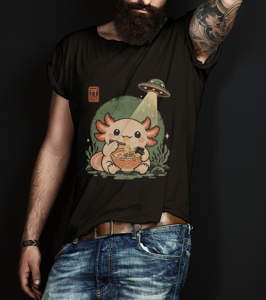 Axolotl Enjoying Ramen Under UFO Light With Japanese Distressed T-Shirt