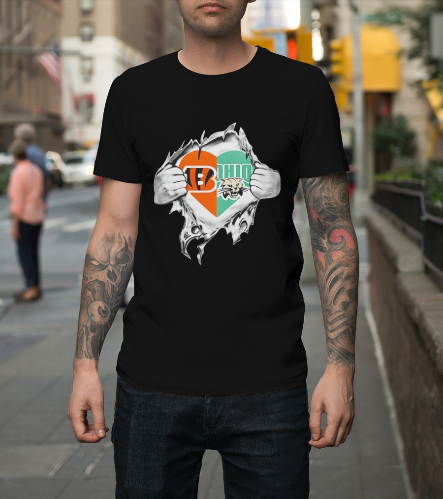 Cincinnati Bengals Ohio Bobcats Heart Superman Chest Rip T-Shirt
