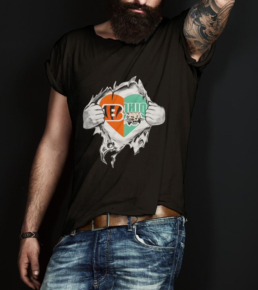 Cincinnati Bengals Ohio Bobcats Heart Superman Chest Rip T-Shirt
