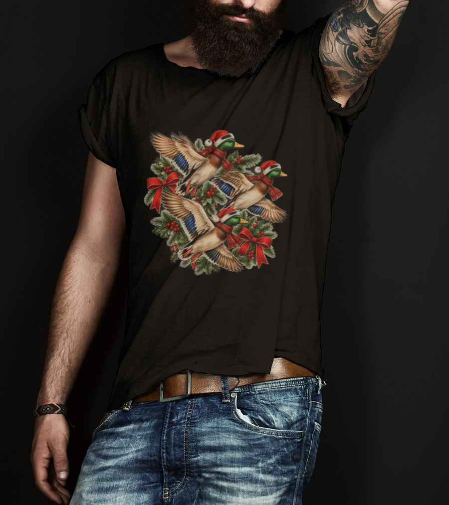 Flying Mallard Ducks With Santa Hats And Christmas Scarves In Festive Wreath T-Shirt