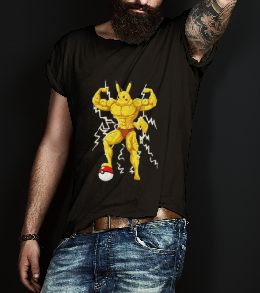Pikachu Muscular Pokemon Character Flexing Lightning Power T-Shirt