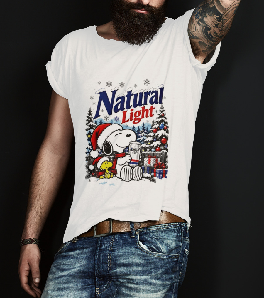 Snoopy Woodstock Santa Hat Natural Light Christmas Tree Presents T-Shirt