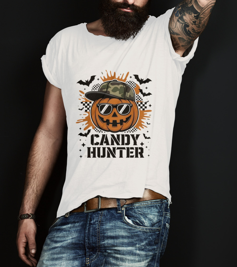 Candy Hunter Pumpkin Camo Hat Sunglasses Halloween Bats T-Shirt