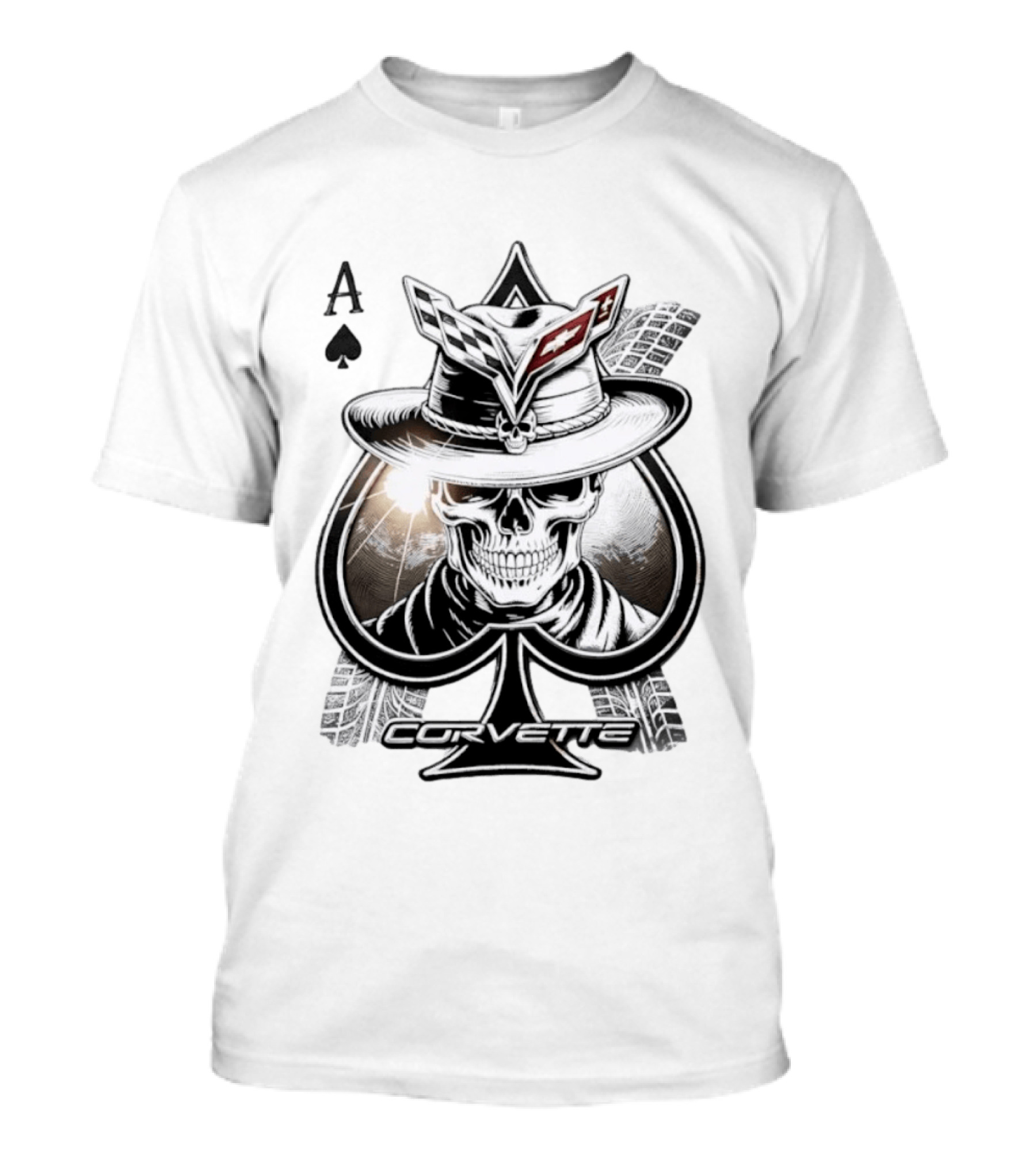 Corvette Ace Of Spades Skull Cowboy Chevrolet Hat Poker Cards T-Shirt