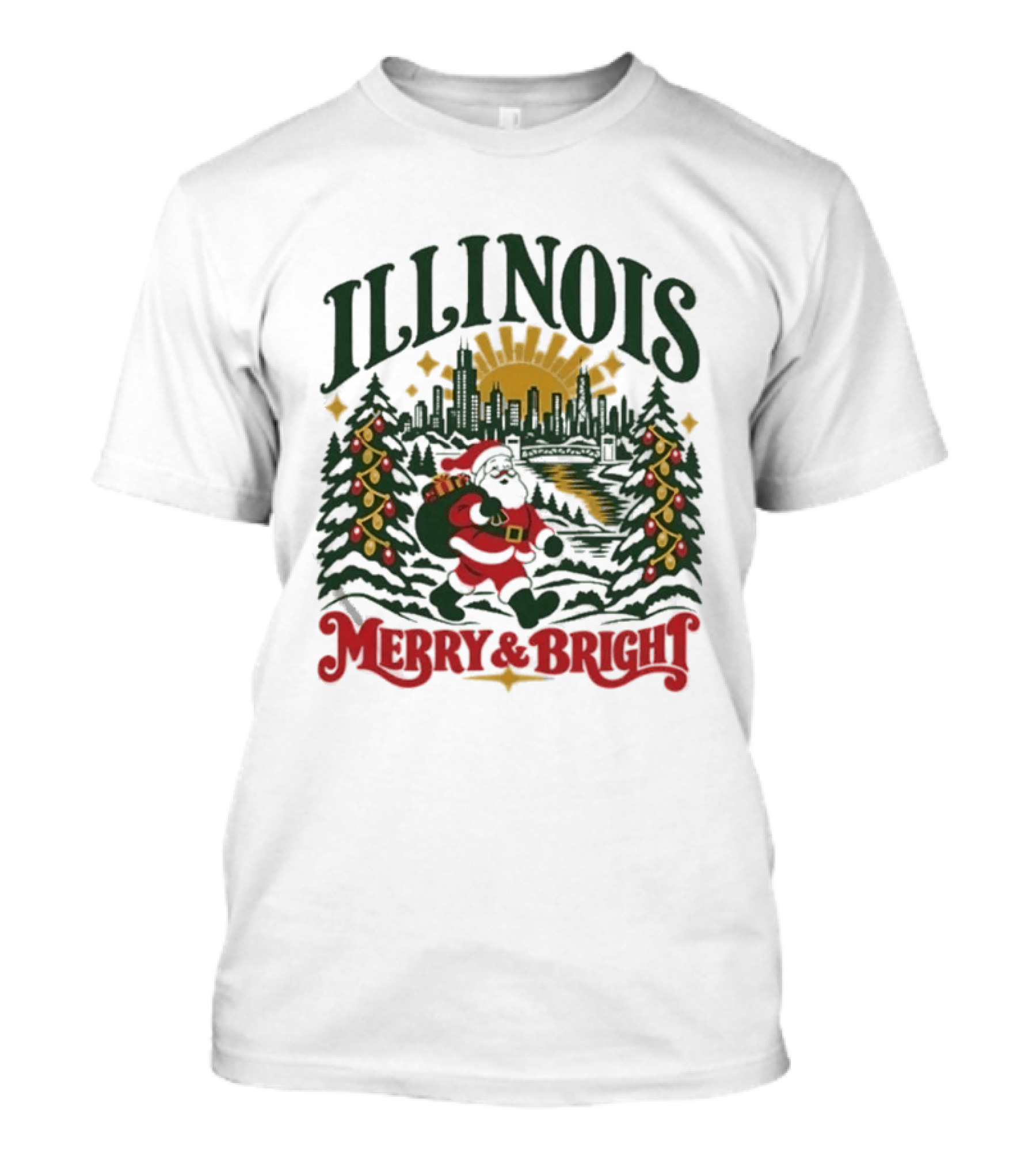 Illinois Merry And Bright Christmas Santa Skyline Forest 2026 T-Shirt